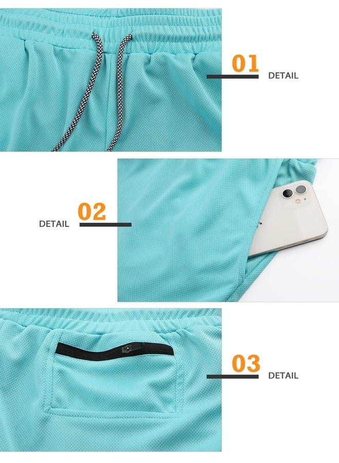 Surenow شورت رياضي رجالي من Surenow، سريع الجفاف، مناسب للتمارين الرياضية، شورت 2 في 1، طوله 5 بوصات، مناسب للجري والتمارين الرياضية، مزود بجيب للهاتف، لون أزرق مخضر. - Image 4